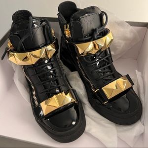 Giuseppe Zanotti | Size 37.5 | Black Patent Sneakers w/ Gold Hardware High Top